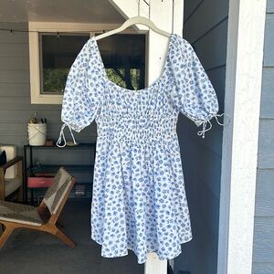 Blue Flower Puff Sleeve Flare Skirt Dress